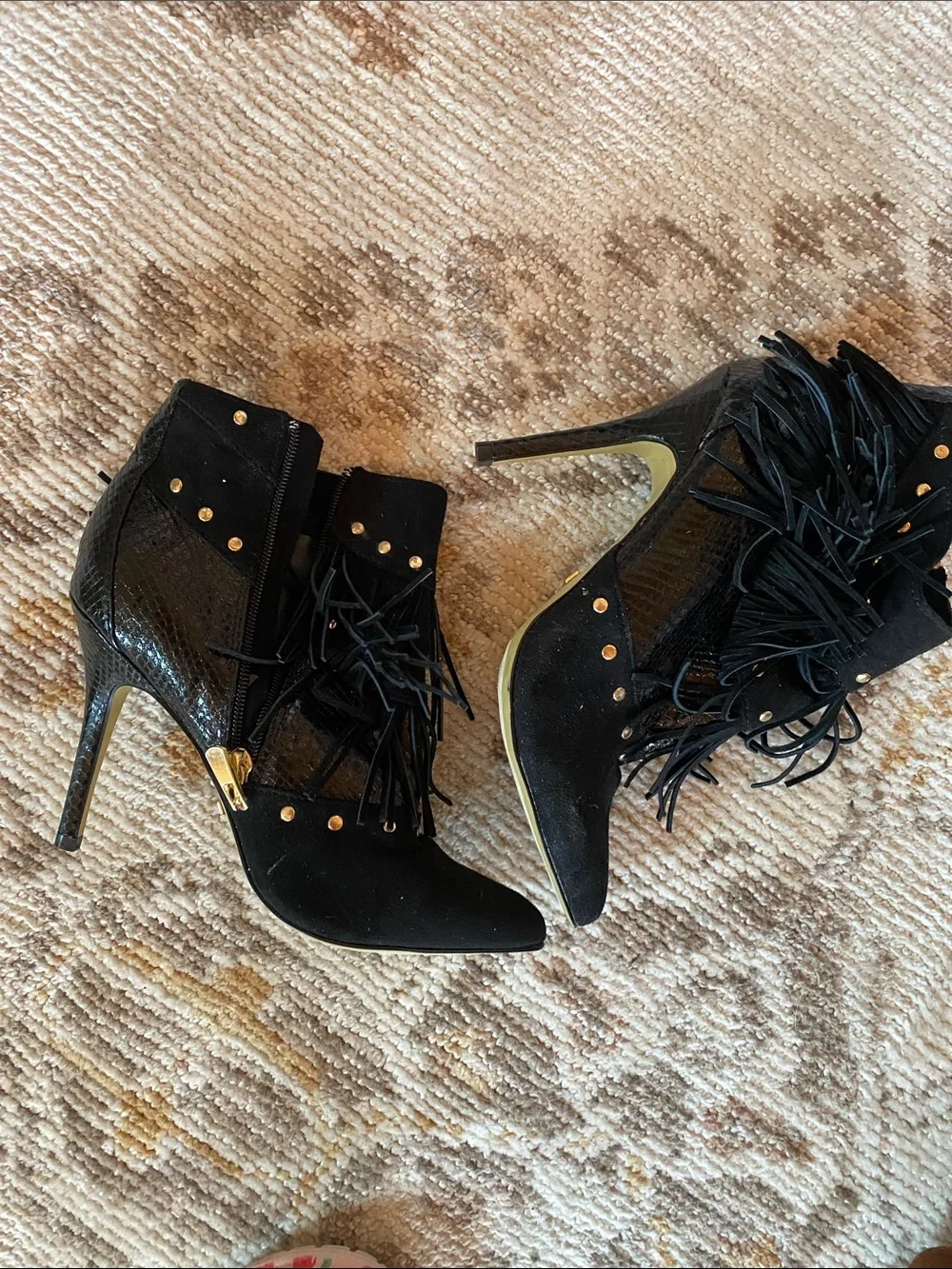 bebe Black Fringe & Gold-Stud Pointed Ankle Booties